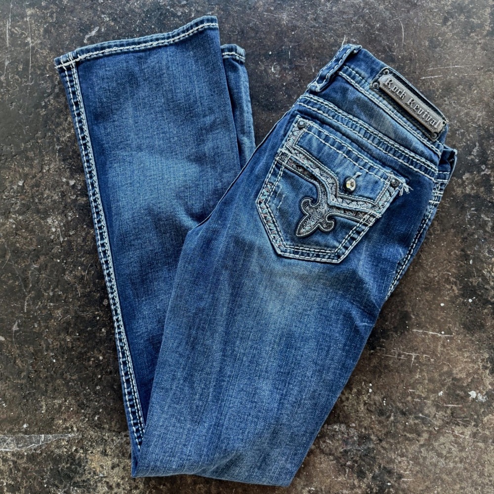 Rock Revival Betty Bootcut Jeans Women 30 Dark Wash Embellished Flap Pocket Y2K